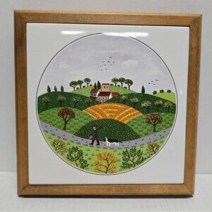 Vintage Villeroy & Boch Laplau #6 Hunter & dog hillside wood framed trivet tile